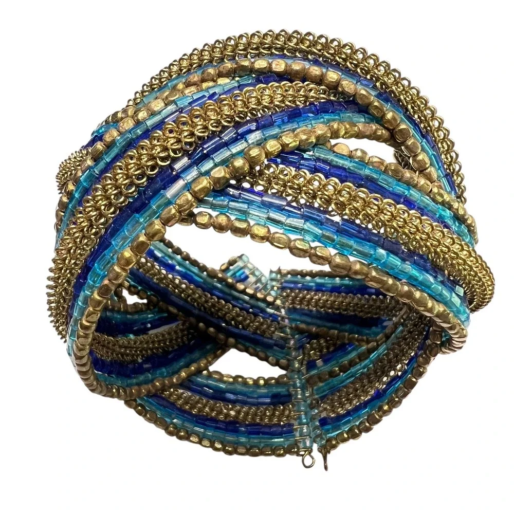 Beaded Cuff Bracelet Blue Gold Tone Statement‎ Bohemian Fashion Jewelry
